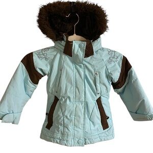 London Fog turquoise & Brown coat Jacket. Girls size 4. Removable hood. Pockets.